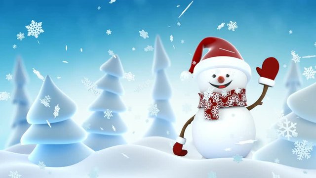 Funny Snowman in Santa Claus Cap Waving and Smiling in Winter Forest. Beautiful Looped 3d Cartoon Animation. Alpha Matte Green Screen. Merry Christmas and Happy New Year Concept. Full HD 1920x1080.