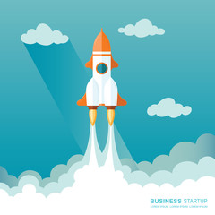 Launching a rocket into space. illustration of a business startup template.  Flat design modern vector illustration concept of new project start up development and launch  product on a market.