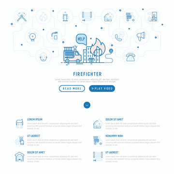 Firefighter concept. Template for web page with thin line icons of fire in house, fire engine, extinguisher, axes, hose, hydrant. Modern vector illustration.