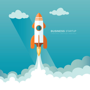 Launching a rocket into space. illustration of a business startup template.  Flat design modern vector illustration concept of new project start up development and launch a new innovation product