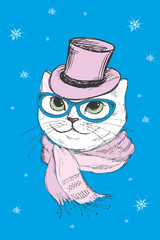 Cute cat with retro hat and scarf,snowflakes on a background