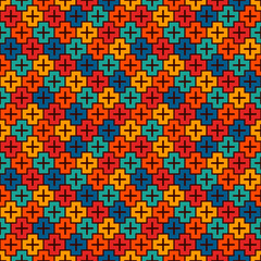 Repeated puzzle mosaic abstract background. Seamless pattern with simple geometric ornament. Bright kids surface texture