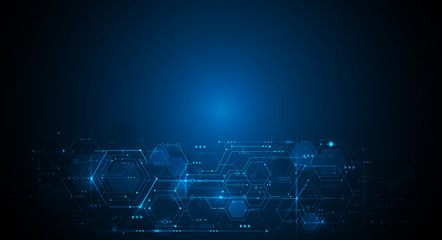 Vector illustration circuit board and hexagons background. Hi-tech digital technology and engineering, digital telecom technology concept. Vector abstract futuristic on dark blue color background