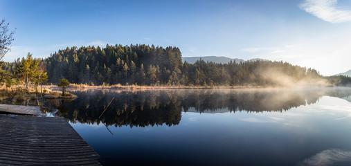 Ufer mit Bäumen spiegeln sich im See im Herbst