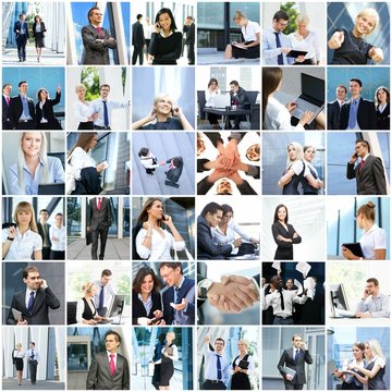 Collage of businesspeople made of different pictures. Business, finance, money, real estate and corporative relations concept.