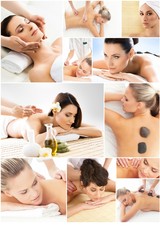 Obraz na płótnie Canvas Massage and healing collection. Many different pictures of women relaxing in spa. Health and therapy concept.