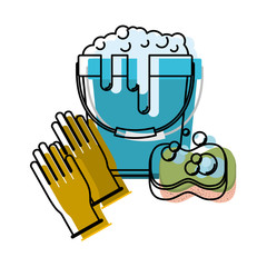 gloves and bucket with water and soap detergent and sponge in colorful watercolor silhouette