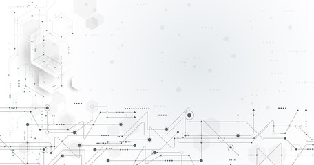 Vector illustration circuit board and hexagons background. Hi-tech digital technology and engineering, digital telecom technology concept. Vector abstract futuristic on white gray color background