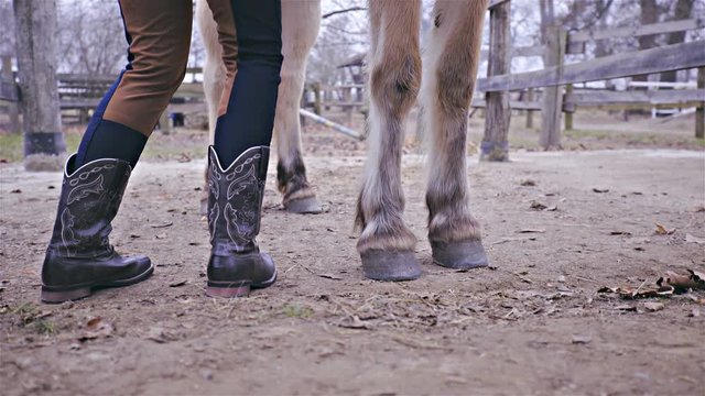 Person in cowboy boots stand next to horse 4K
