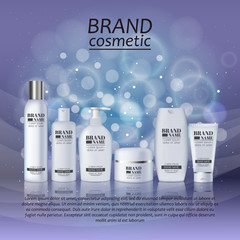 3D realistic cosmetic bottle ads template. Cosmetic brand advertising concept design with glitters and bokeh background