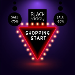 Black friday neon banner sale vector illustration.