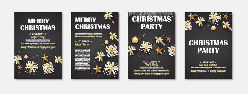 Merry christmas and party gift box invitation theme concept. Happy holiday greeting banner and card design template.