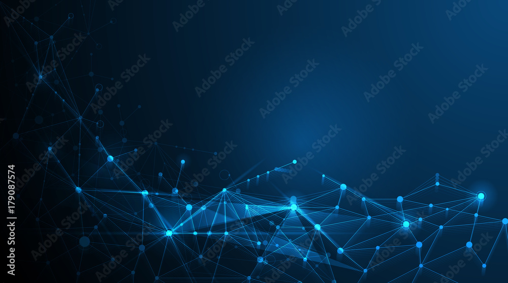 Poster abstract futuristic - molecules technology with polygonal shapes on dark blue background. illustrati