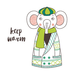 Hand drawn vector illustration of a cute funny elephant in a knitted cardigan, muffler and cap, text Keep warm. Isolated objects on white background. Design concept for children.