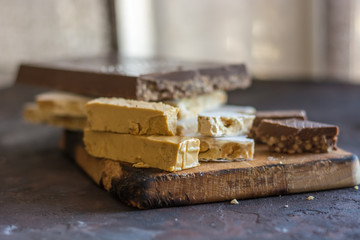 Various types of turrons,nougat, chocolate, nuts and soft nougat.