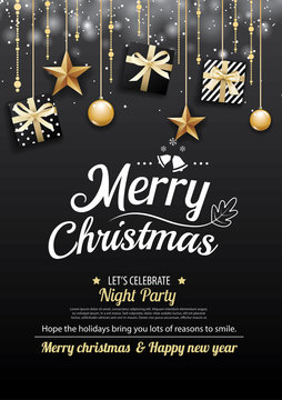 Merry christmas party and gift box on dark background invitation theme concept. Happy holiday greeting banner and card design template.