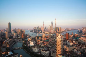Fotobehang Luchtfotografie vogel uitzicht op Shanghai bund Skyline © Aania