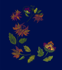 Set of floral pattern with fantasy flowers isolated. Line art. Vector illustration hand drawn. Embroidery design elements - flowers, leaves.