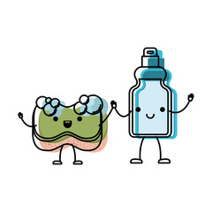 kawaii cartoon sponge and detergent bottle holding hands in colorful watercolor silhouette