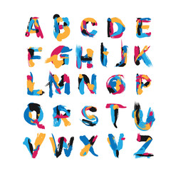 Vector set with hand drawn with brush spots and smears elements. Abc letters sequence from A to Z. English creative font, good for lettering and logo writing