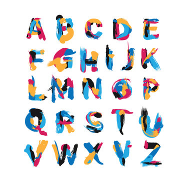 Vector Set With Hand Drawn With Brush Spots And Smears Elements. Abc Letters Sequence From A To Z. English Creative Font, Good For Lettering And Logo Writing