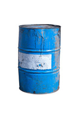 Old blue oil barrel isolated on white background