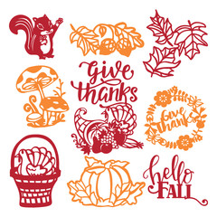 Vintage Thanksgiving Harvest Paper Cut Design Elements Set