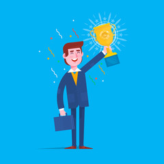 Businessman holding winner golden cup over head with his hands.Flat style vector illustration.