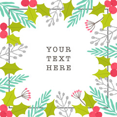 Christmas plants frame greeting card. Vector hand drawn illustration with glitter elements