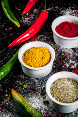 Various spices and seasonings. Cooking background.  Turmeric, curry, paprika, pepper, chili, dried basil, salt, fresh chili, thyme. Black rusty metal background. Copy space.