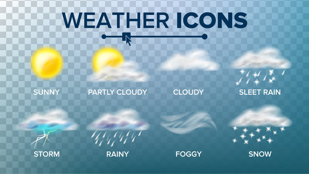 Weather Icons Set Vector. Sunny, Cloudy Storm, Rainy, Snow, Foggy. Good For Web, Mobile App. Isolated On Transparent Background Illustration