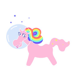  Space  unicorn magic  astronaut. Animal isolated on white. Pink vector cute cartoon pony  with rainbow mane and horn isolated on white background