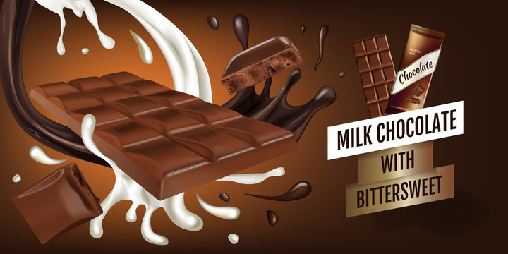 Vector realistic illustration of milk chocolate with bittersweet.