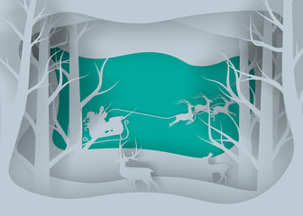 Vector Merry Christmas and Happy New Year,Deer in forest with snow.vector paper art style for the greeting card background and text.