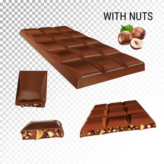Vector realistic illustration of chocolate bar with hazelnut.