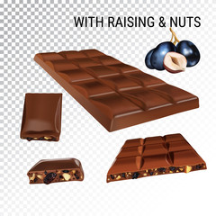 Vector realistic illustration of chocolate bar with hazelnut and raisins.