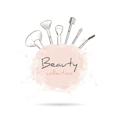 Beauty collection with a set of makeup artist brushes. Beauty make-up and cosmetics background, drawing hands emblem. Vector illustration. - 179093372