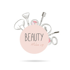 Makeup tools on begie circle background. Vector beauty logo or label design. Hand drawn illustration of makeup brush, poweder, eyeshadow and blush. Concept for beauty salon, cosmetics, visage, makeup.