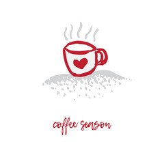 Hand-drawn festive Christmas and New Year card with holiday symbols cup of coffee, chocolate, cocoa and calligraphic greeting inscription