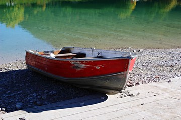 Italy, Trentino: Boat on Molveno Lake.