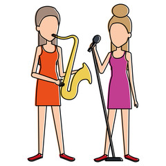 women singing and playing saxophone