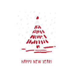 Hand-drawn festive Christmas and New Year card with holiday symbols tree and calligraphic greeting inscription