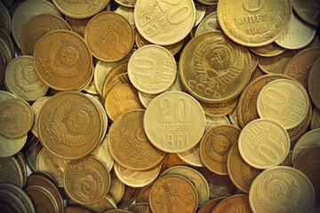 Soviet union coins background. Metal money of USSR.
