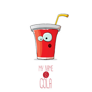 vector funny cartoon cute red party paper cola cup with orange straw isolated on white background.