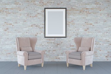 Mock up empty pattern on the brick wall interior with velvet armchairs