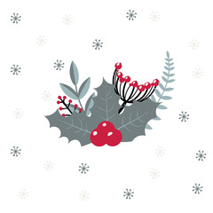 Christmas vector composition with berries. Winter decoration on white background. Frosty red berries.