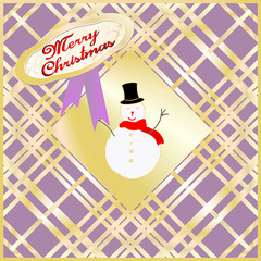 Christmas card decorated with snow puppet golden and purple. Merry Christmas