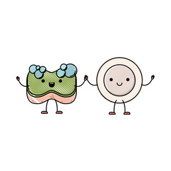 kawaii cartoon dish and sponge holding hands in colored crayon silhouette
