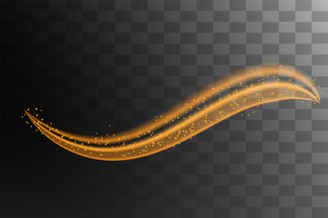 Vector Glowing neon spiral.Speed lines with light effect in golden color. Gold glittering spiral.Magic glow light effect with sparkles and particle on transparent background.