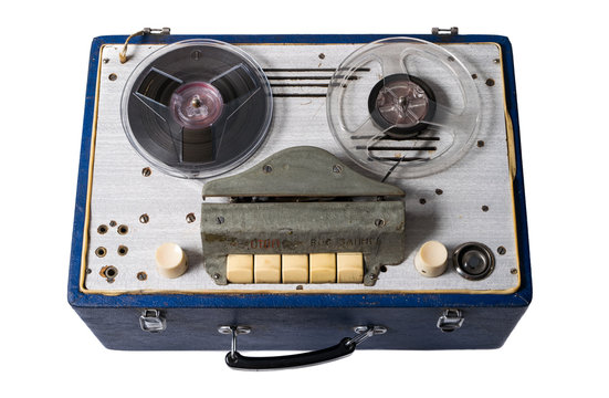 Image of Vintage homemade soviet magnetic audio tape reel-to-reel recorder on white background